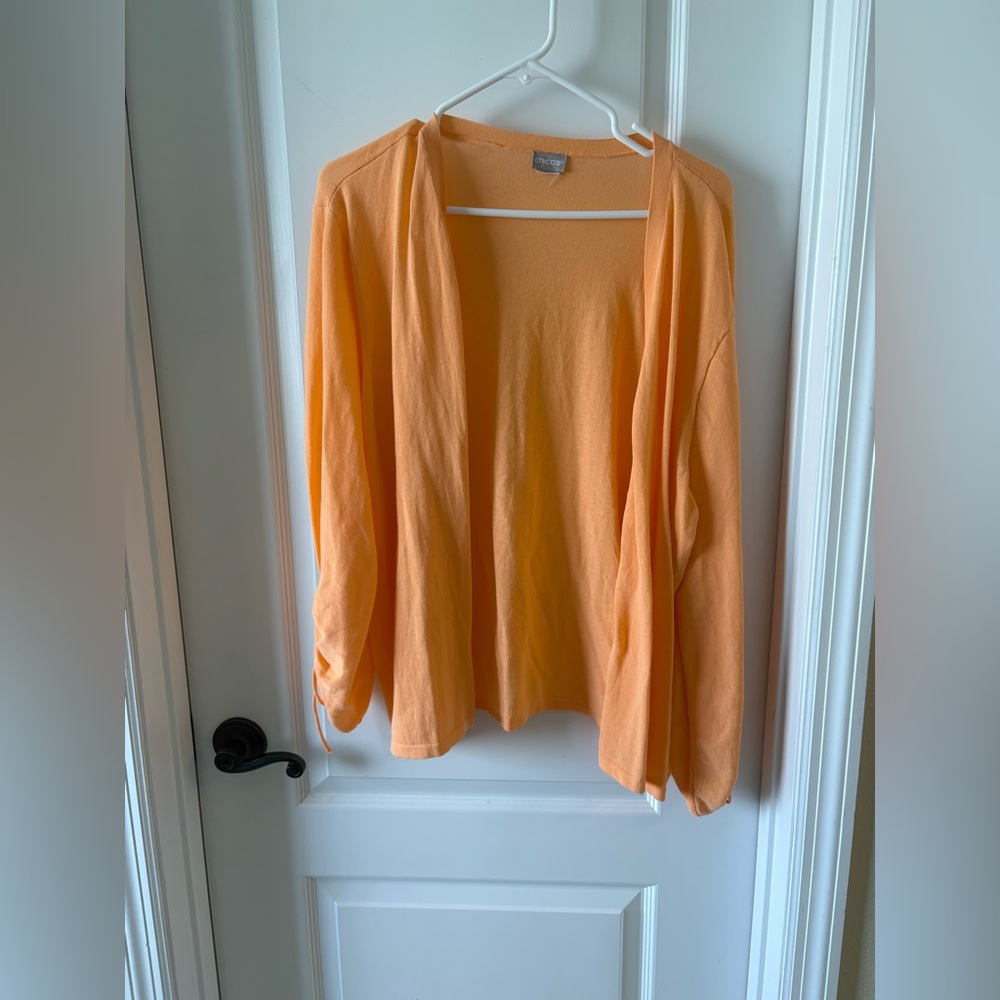Chico’s Open Front Cardigan Peach Ruched Sleeve Lightweight Size 16/18/XL
